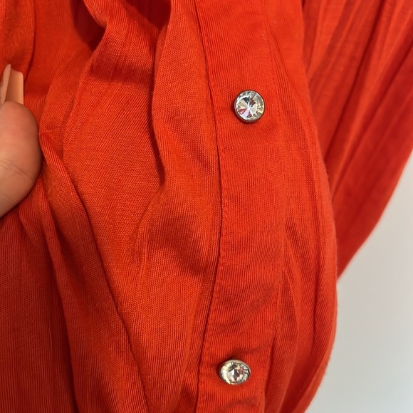 French Laundry Burnt Orange Tie-Front Puff Sleeve Blouse/Top with Diamond Button - Picture 4 of 4